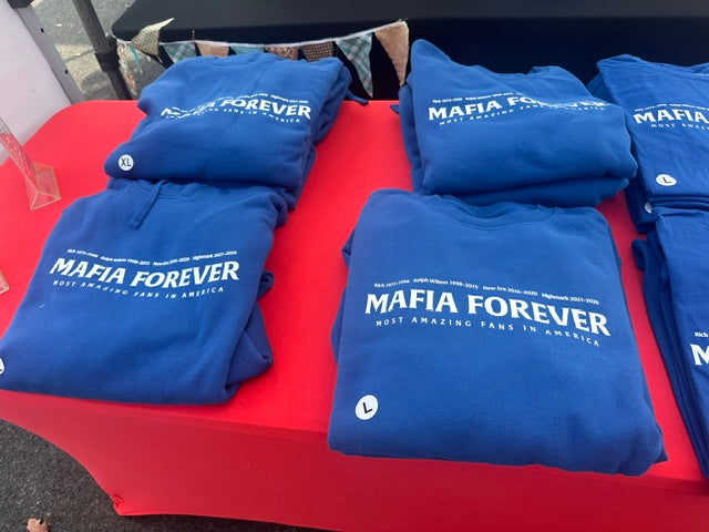MAFIA Forever hoodies on the merch table