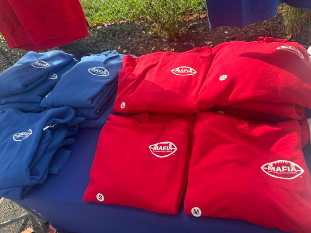 Football logo crewnecks in royal and red